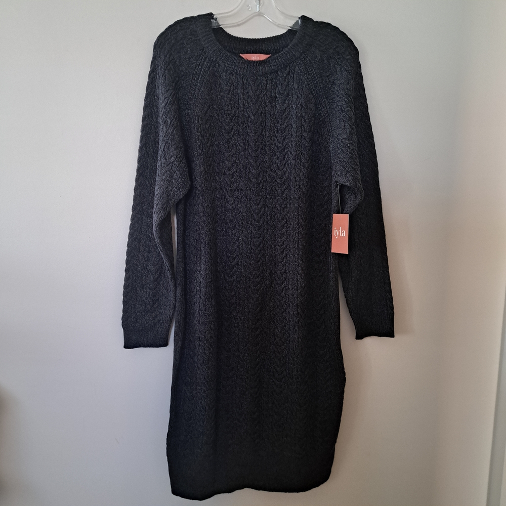 Elegant Charcoal Grey Long Sleeve Knit Dress